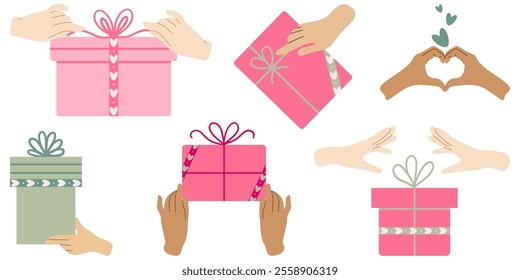 Simple Valentines Day card with a gift and a person's hand. Vector flat icon. Beautiful design template.	

