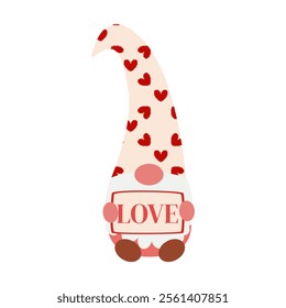 simple valentines day card with gnome holding a love sign, flat vector illustration, perfect for your holiday background, textile, greeting card, wrapping