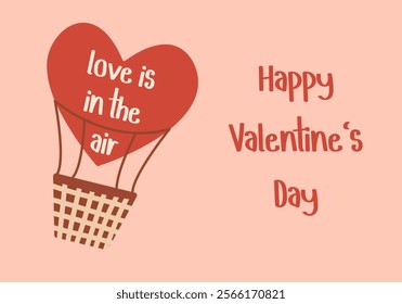 simple valentines day card with heart air balloon, flat vector illustration, perfect for your holiday background, textile, greeting card, wrapping