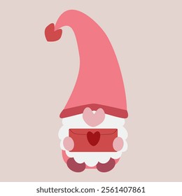 simple valentines day card with pink gnome holding an envelope, flat vector illustration, perfect for your holiday background, textile, greeting card, wrapping