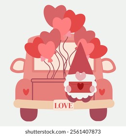 simple valentines day card with pink car, gnome is holding an envelope, flat vector illustration, perfect for your holiday background, textile, greeting card, wrapping
