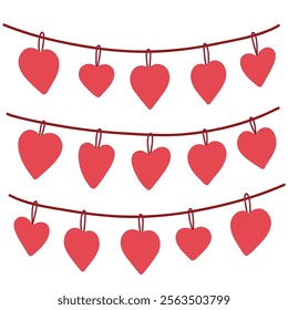 Simple Valentines Day card with red hearts on a rope. Flat vector hearts hand drawn doodle. Simple, minimalistic, holiday card.