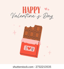 Cartel simple del día de San Valentín con chocolate. Perfecto para la tarjeta, invitación, cartel, Anuncio. Ilustración vectorial plana