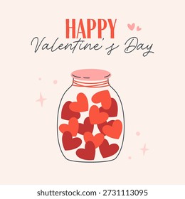 Cartel simple del día de San Valentín con el tarro lindo con los corazones rojos. Perfecto para la tarjeta, invitación, cartel, Anuncio. Ilustración vectorial plana