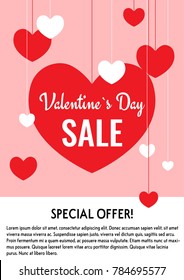 Simple Valentine`s Day sale banner with big and small hearts on the pink background