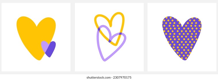Simple Valentine's Day Vector Card with Yellow and Violet Hearts on a White Background. Cool Modern Romantic Print with Abstract Love Symbol ideal for Card, Wall Art, Poster. Vivid RGB Colors. 