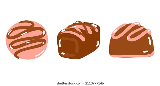 Simple valentine's day vector illustration. Pink chocolate praline set. Love dessert. Pink hearts and chocolate bonbons on the pink background. Milk chocolate candies. Celebration. Chocolate set.