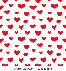 Simple Valentines day, wedding romantic background, texture. Various flat style red doodle hearts seamless repeat vector pattern. Cute different heart shapes, silhouettes of various size.