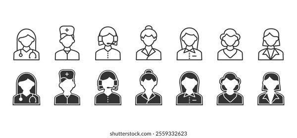 Simple Various woman professions, Various occupations of human characters. Collection of premium quality flat profession symbols. Simple job pictogram pack. Human work icon vector in transparent 