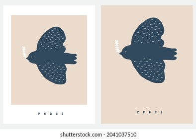 Einfache Vektorgrafiken Set mit Dove mit Olive Twig einzeln auf hellbraunem Hintergrund. Peace Symbol Print mit Dark Blue Flying Pigeon auf einem Beige Sky ideal für Poster. Wall Art.