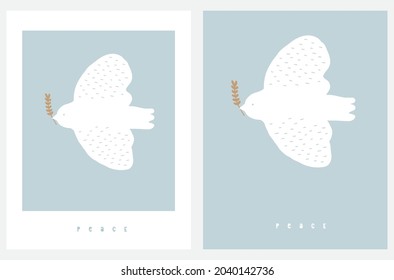 Simple Vcetor Illustrations Set with White Dove with Gold Olive Twig Isolated on a Light Pale Blue Background. Peace Symbol Print with White Flying Pigeon on a Blue Sky ideal for Poster. Wall Art.