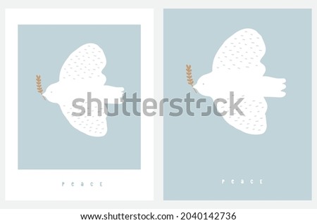 Simple Vcetor Illustrations Set with White Dove with Gold Olive Twig Isolated on a Light Pale Blue Background. Peace Symbol Print with White Flying Pigeon on a Blue Sky ideal for Poster. Wall Art.