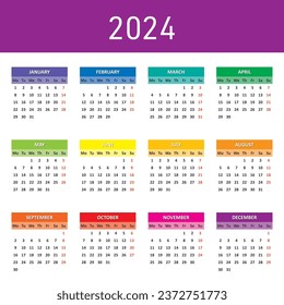 Simple vector 2024 calendar week starts on monday
