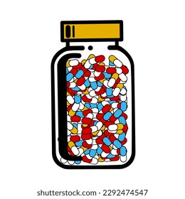 Vector simple sobre una cápsula de fármaco en una botella de vidrio de tapa amarilla, adecuado para íconos en el mundo médico