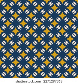 Simple vector abstract seamless pattern. Elegant geometric ornament with diamonds, small floral shapes, stars, grid. Retro vintage style background. Graphic texture in gold, deep blue and beige color