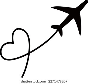 icono de avión vector simple con corazón blanco y negro