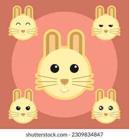 Simple vector animal design with cute round face, yellow beige color baby rabbit head with eyes and long ears. various expressions Lepus curpaeums, Oryctolagus cuniculus, big teeth, produce meat