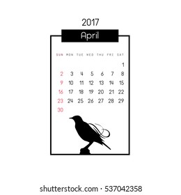 Simple Vector April Calendar Icon with different birds.