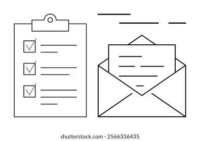 Simple vector art of a clipboard with checkmarks and an envelope with a letter. Ideal for productivity, organization, communication, task management, and business workflows. Minimalist line art style