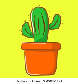 simple vector art illustration of a cactus ornamental plant with a vase on a yellow background