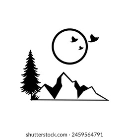 simple vector art of mountains, sun and birds flying above it, suitable for tattoos, logos, shirt screen printing, banners, labels