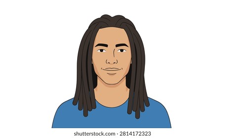 Simple vector avatar of a young man with long dark dreadlocks smiling gently while wearing a casual blue t-shirt.
