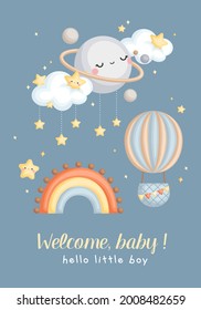 A Simple Vector of Baby Boy Rainbow Sky Welcoming Card