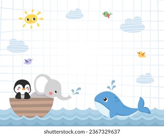 Simple vector Baby penguins, elephants, and whales sailing on the sea 