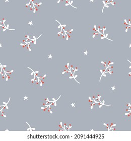 Simple vector background with mistletoe branches and stars. A minimalistic pattern is good for decor, wrapping paper, chancellery, fabric, wallpaper, postcards, banners, and more.