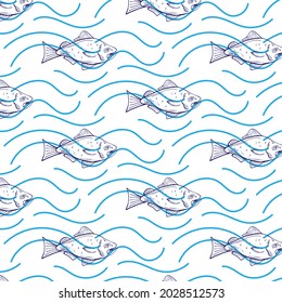 Simple vector background. Seamless pattern with sea waves and fishes. Can be used for wallpapers, surface textures.