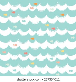Simple vector background. Seamless pattern with sea waves and fishes. Can be used for wallpapers, surface textures. 