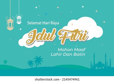 simple Vector backgrournd for religious islamic greetings card with mosquesilhouette stars and clouds . (Selamat Hari Raya Idul Fitri: Happy Eid al-Fitr)