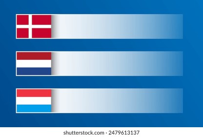 Simple vector banner with Danish, Dutch and Luxembourgish flags and blank space for your text and design. Made in Denmark, Made in Holland, Made in Luxembourg. Modern illustrations