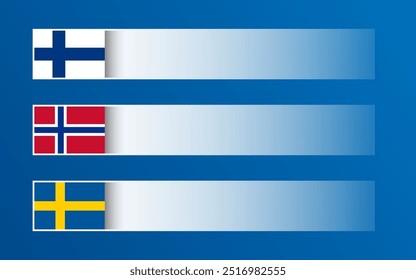 Anuncio de Vector simple con banderas finlandesas, noruegas y suecas y espacio en blanco para su texto y diseño. Hecho en Finlandia, hecho en Noruega, hecho en Suecia. Ilustraciones modernas