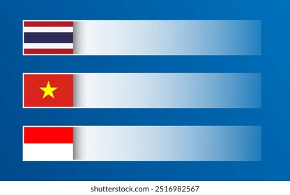 Simple vector banner with Thai, Vietnamese and Indonesian flags and blank space for your text and design. Made in Thailand, Made in Vietnam, Made in Indonesia. Modern illustrations