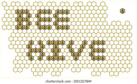 Simple vector with bee hive spelled using bees in a honeycomb background. Elements can be used to create other diagrams or messages.