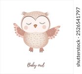 Simple vector beige baby owl. Nursery animal. Scandinavian style. Forest friends. Isolated on a white background. Great for any designs, textile, art, walls, package