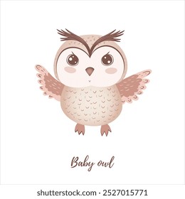 Simple vector beige baby owl. Nursery animal. Scandinavian style. Forest friends. Isolated on a white background. Great for any designs, textile, art, walls, package