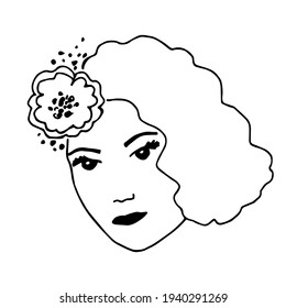 Simple vector black outline drawing. Young female face isolated on white background. Flower in curly hair, hairstyle. Cosmetics, beauty salon, product decoration.