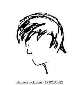 Simple vector black outline drawing, charcoal pencil. The head of a man, no face, nose. Shaggy hair.