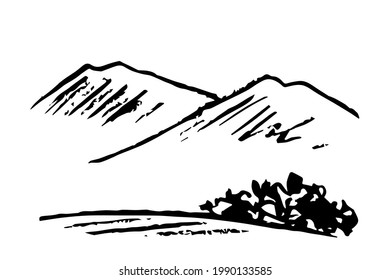 Simple vector black outline drawing, charcoal pencil. Mountain landscape, hills and bushes. Nature and travel.