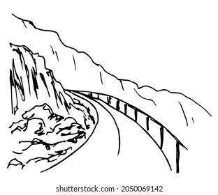 Simple vector black outline drawing. Mountain road, serpentine, dangerous turn, fence. Rocky terrain. Nature, landscape, travel and tourism. Ink sketch.