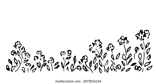 Simple vector black outline drawing. Wildflowers, garden, flower border. Summer landscape, nature, vegetation. Ink sketch.