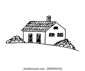 Simple Vector Black Outline Drawing. Farmhouse On A Hill, Bushes, Suburban Buildings. Countryside. Ink Sketch.