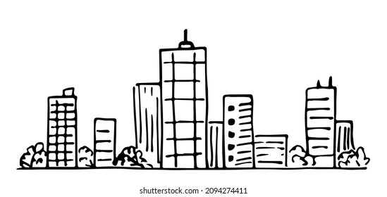 Simple vector black outline drawing. Panoramic cityscape, skyscrapers, buildings. Ink sketch