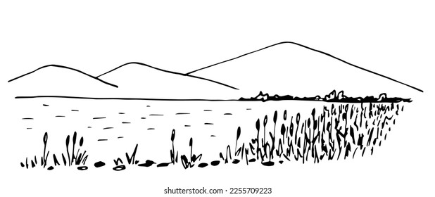 Simple vector black outline drawing in doodle style. Lake, overgrown shore, reeds, mountains on the horizon. Nature and landscape. Fishing. Sketch in ink.