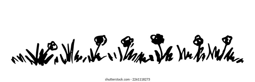 Simple vector black outline drawing in charcoal. Grass and flowers, lawn. Floral frame, banner.