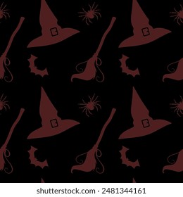 Simple vector black and purple colored seamless pattern with witch hat and broom flat style