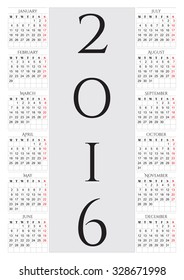 Simple vector black and white calendar 2016 year.