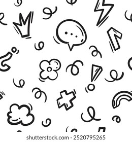Simple vector black and white hand drawn seamless pattern with dialog boxes, crown, flower, lightning, zigzags and different elements. Signs and symbols for website, app, banner design